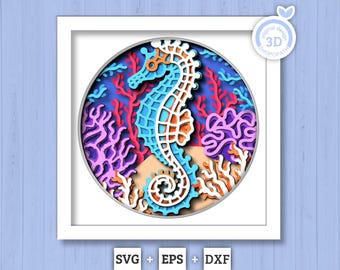 3D Sea Shadow Box SVG, 3D Seahorse Shadow Box, 3D Seahorse SVG, Coral Reef 3D Svg, Sea Creatures 3d Svg, Nautical svg, Cricut Silhouette