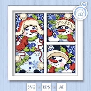 Caja de sombras de muñecos de nieve en formato SVG 3D, Svg de invierno en capas, Caja de sombras de muñeco de nieve, Svg 3D de copos de nieve, Svg 3D de muérdago, Svg 3D de Navidad, Cricut Silhouette