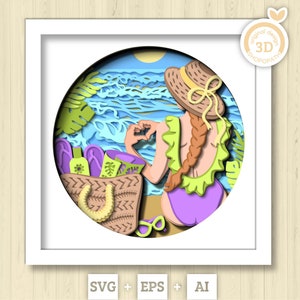 3D SVG Mujer sentada en la playa Shadow Box, Mar 3D svg , Playa 3D Svg, Verano 3d Svg, Mujer 3d svg, Día de playa 3d SVG, Silueta Cricut