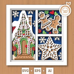Boîte d'ombre de Noël 3D SVG, couche d'ombre de maison de pain d'épice, Svg 3D de bonbons de Noël, Svg 3D d'hiver, flocons de neige svg Silhouette Cricut