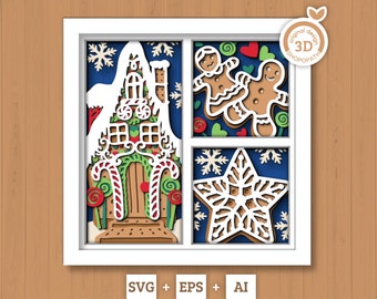 3D SVG Christmas Shadow Box, Layered Ginger Bread House Shadow Box, Christmas Candy 3D Svg, Winter 3d Svg, Snowflakes svg Cricut Silhouette