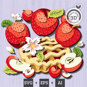 Maçãs em camadas 3D SVG EPS, 3D svg Maçãs Papercut, Apple Flowers 3D svg, Apple Slices 3D SVG, Apple Pie 3d svg Laser Cut Cricut Glowforge