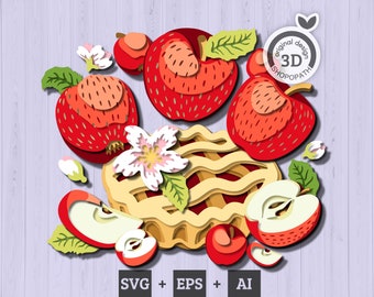 3D Layered Apples SVG EPS, 3D svg Apples Papercut, Apple Flowers 3D svg, Apple Slices 3D SVG, Apple Pie 3d svg Laser Cut Cricut Glowforge