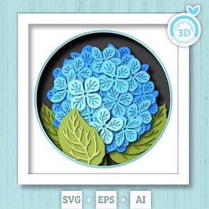 Caja de sombras con flores de hortensia en 3D SVG, SVG de verano en 3D, SVG de flores de hortensia en 3D, SVG de flores en 3D, SVG floral en 3D, silueta de Cricut