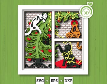 Katten in kerstboompanelen - 3D-schaduwdoos gelaagde SVG DXF EPS (bestanden snijden)