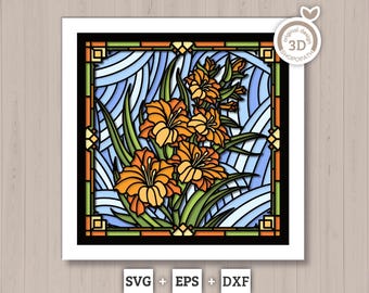 Gladiolus Flowers Stained Glass - 3D Shadow Box Layered SVG DXF EPS (Cutting Files)