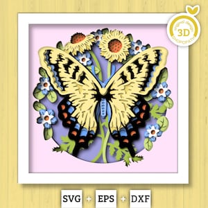 3D Schmetterling Schattenbox SVG, Tiger Schwalbenschwanz 3D zwar, geschichtete Maisdotterblume SVG, Frühling Schattenbox, 3D Blumen Papierschnitt Cricut Silhouette