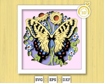 3D Butterfly Shadow Box SVG, Tiger Swallowtail 3D Svg, Layered Corn Marigold SVG, Spring Shadow Box,3D Floral Papercut svg Cricut Silhouette