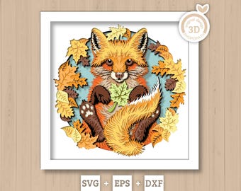 Baby Fox Shadow Box 3D SVG Lying on Its Back Surrounded by Fall Leaves, Layered Cutting Files for Cricut Silhouette With DXF EPS