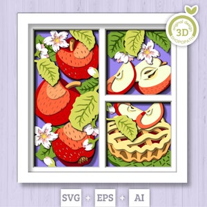 3D SVG Maçãs Shadow Box SVG, 3d SVG Maçãs Shadow Box, Summer Shadow Box, Torta de Maçã 3D Svg, Flores 3d svg, Verão 3d svg Silhueta Cricut