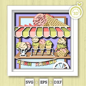 3D SVG Ice Cream Stand Shadow Box SVG, 3d SVG Ice Cream, Ice Cream Scoops 3D Svg, Ice Cream Cart 3d svg, Summer 3d svg Cricut Silhouette