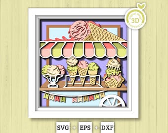 3D SVG Ice Cream Stand Shadow Box SVG, 3d SVG Ice Cream, Ice Cream Scoops 3D Svg, Ice Cream Cart 3d svg, Summer 3d svg Cricut Silhouette