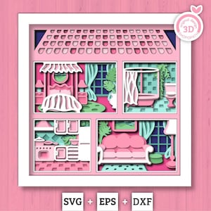 Dollhouse with Furniture - 3D Shadow Box Layered SVG DXF EPS (Cutting Files)