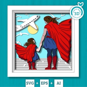 3D SVG Mutter und Tochter Schattenbox, 3D Layered Super Mom SVG, Playtime 3D svg, Muttertag 3d svg, Mom Hero 3D svg Cricut Silhouette