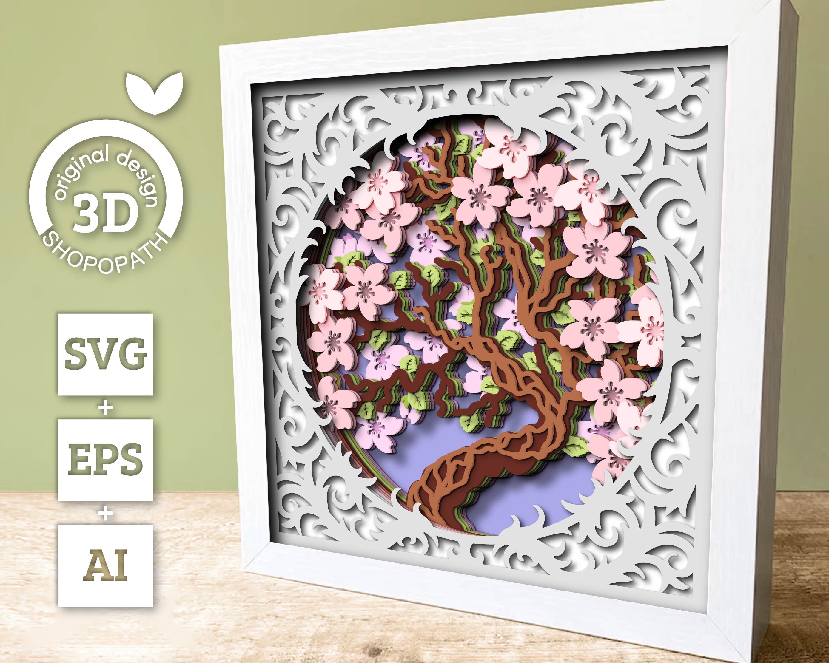 3D Cherry Blossom Tree Shadow Box SVG, 3D Spring SVG, 3D