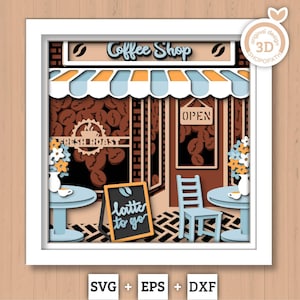 Coffee Shop mit Terrasse - 3D Shadow Box überlagert SVG DXF EPS (Schneidedateien)