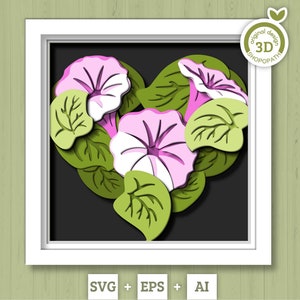 3D SVG Morning Glory bloemen hart Shadow Box, 3D zomer SVG, Morning Glory 3D SVG, gelaagde hart 3D Svg, bloemen 3D Svg Cricut silhouet