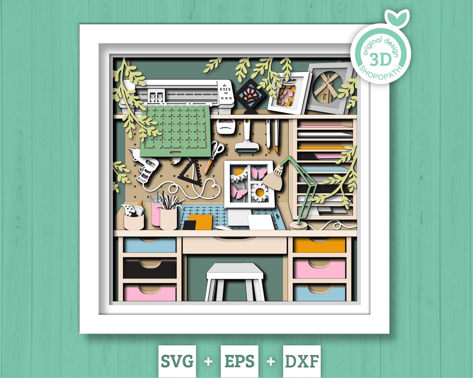 Silhouette Craft Room With Supplies - 3D Shadow Box Layered SVG DXF EPS ...