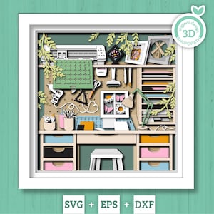 Caja de sombras 3D SVG para sala de manualidades con herramientas para manualidades, escritorio, máquina de corte Silhouette y cartulina, archivos DXF EPS para Cricut, Silhouette y Brother