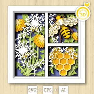 3D Bee Shadow Box SVG Layered Dandelions SVG, Spring Shadow Box, Honey Bee 3D Svg, Honey Comb 3d Svg, Flowers Papercut svg Cricut Silhouette