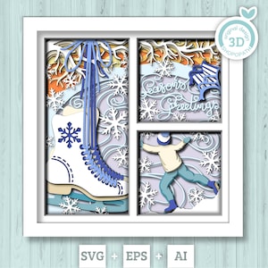 3D SVG Junge Eislaufen Shadow Box, geschichtete Winter Shadow Box svg, Schneeflocken 3D svg Schlittschuhe 3d svg weihnachts Shadow Box svg Cricut Silhouette