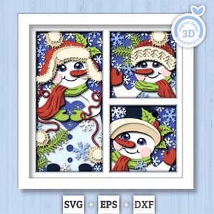 Painéis com bonecos de neve brincando - Caixa de sombra 3D em camadas SVG DXF EPS (Arquivos de corte)