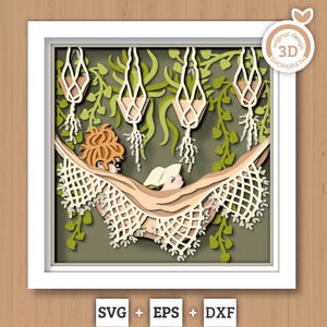 Boho Girl Reading in Hammock - 3D Shadow Box Layered SVG DXF EPS (Cutting Files)