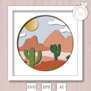 3D SVG Boho Desert Shadow Box, 3D Canyon Shadow Box Svg, Cactus 3D Svg, Svg 3D du désert de l'Arizona, mauvaises herbes Shadow Box svg SVG Cricut Silhouette