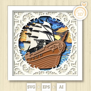 3D SVG Veliero con cornice in pizzo Shadow Box, Nave 3D Svg, Spiaggia 3d Svg, Mare 3D SVG, Estate 3D Svg, Barca a vela 3d SVG, Cricut Silhouette