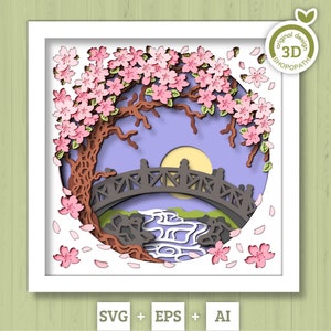 3D Blossom Tree With A Footbridge Over a Stream Shadow Box SVG, 3D Spring SVG, 3D Blossoms Svg, Flowers 3d Svg, Floral SVG Cricut Silhouette