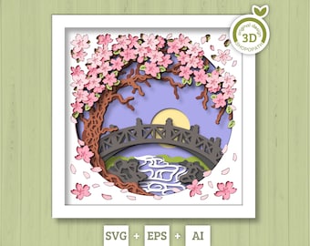 3D Blossom Tree With A Footbridge Over a Stream Shadow Box SVG, 3D Spring SVG, 3D Blossoms Svg, Flowers 3d Svg, Floral SVG Cricut Silhouette