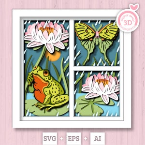 Grenouille 3D sous la boîte d'ombre de fleur de nénuphar SVG, SVG d'été 3D, Svg de grenouille en couches 3D, papillon de nuit luna 3D SVG, SVG de fleur de lotus 3D Silhouette Cricut