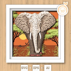Scatola ombra elefante SVG 3D, elefante SVG 3D, safari 3D SVG, savana 3D SVG, scatola ombra fauna selvatica 3D svg, zanne di elefante, silhouette Cricut