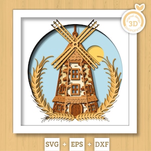 Bakkerij windmolen Shadow Box 3D SVG met zonnige hemel en tarweoren, vintage graanmolen snijden DXF EPS-bestanden voor Cricut Silhouette Brother