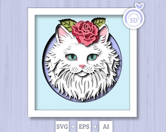 3D SVG Cat Shadow Box, Persian White Cat Layered SVG, Kitten 3D Svg, Animals Shadow Box 3D Layered Cat With Rose Silhouette Cricut
