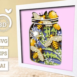 3D Bees In Jar Shadow Box SVG Layered Dandelions SVG, Spring Shadow Box, Honey Bee 3D Svg, Honey Comb 3d Svg, Papercut svg Cricut Silhouette image 2