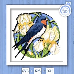 May include: A 3D paper art piece featuring a blue and orange swallow bird perched on white and yellow iris flowers. The artwork is set against a blue background within a white frame. The words "original design 3D Shopopath" are in a circle.