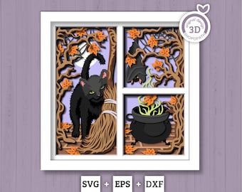 May include: A 3D paper art piece depicting a Halloween scene. A black cat stands on a broom in a window, with a bat and cauldron visible. The artwork features autumn leaves and the text "3D SHOPOPATH".