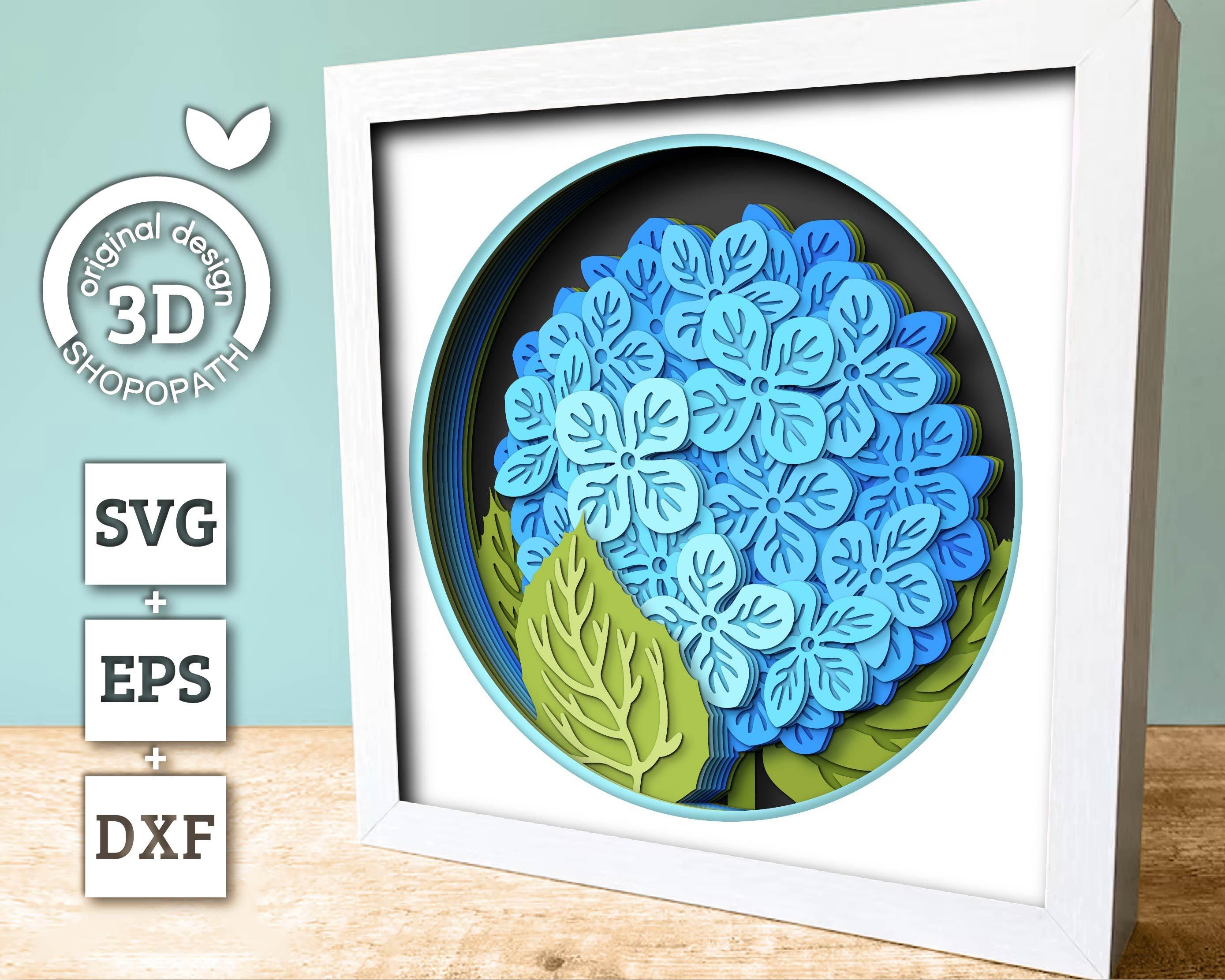 Hydrangea Flowers With Leaves - 3D Shadow Box Layered SVG DXF EPS ...