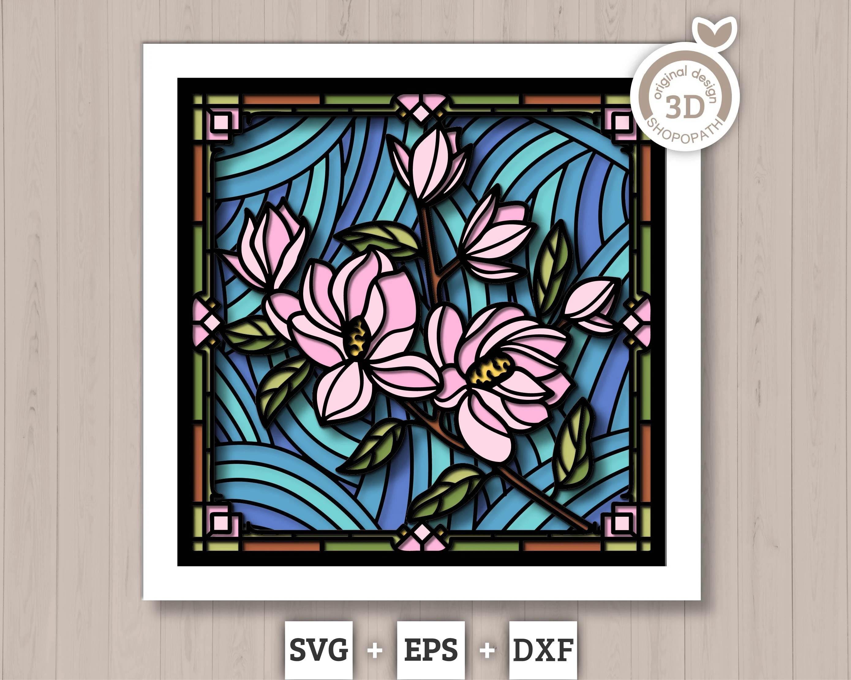 マグノリアの花のステンドグラス - 3DシャドウボックスレイヤーSVG DXF