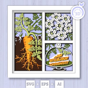 3D SVG Carrot Shadow Box SVG, Shadow Box printemps Pâques, feuilles 3D Svg, fleurs 3D svg, svg Papercut en couches de gâteau aux carottes, Silhouette Cricut