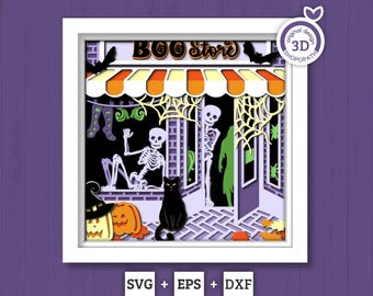 Halloween Store with Black Cat - 3D Shadow Box Layered SVG DXF EPS (Cutting Files)
