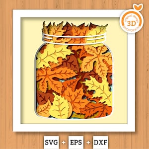 Foglie autunnali in barattolo 3D SVG Shadow Box, autunno 3D SVG, foglia d'acero autunnale 3D SVG, foglia di betulla autunnale 3D SVG, foglia di quercia autunnale 3D SVG, Cricut Silhouette