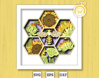 Honigbiene mit Sonnenblumen Hexagon - 3D Schattenbox überlagert SVG DXF EPS (Schneidedateien)
