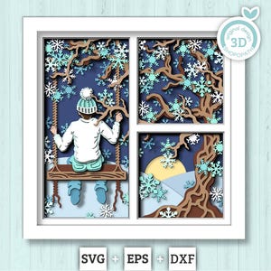 3D SVG Boy On Swing Under Winter Tree Shadow Box, 3D SVG Winter, Snow 3D svg, Snowfall 3D SVG, 3D Winter Shadow Box, Cricut Silhouette