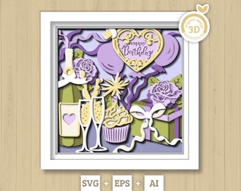May include: A 3D layered papercraft design featuring a champagne bottle, two glasses, a cupcake, a gift box, balloons, and a heart with the text "Happy Birthday". The design is in shades of purple, green, and yellow.