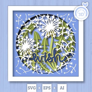 3D-Löwenzahn-Wunsch-Schatten-Box SVG-Schicht-Löwenzahn SVG, Frühlings-Schattenbox, Blumen 3D-Svg, Blumen-3D-Svg, Papierschnitt-Svg, Cricut Silhouette