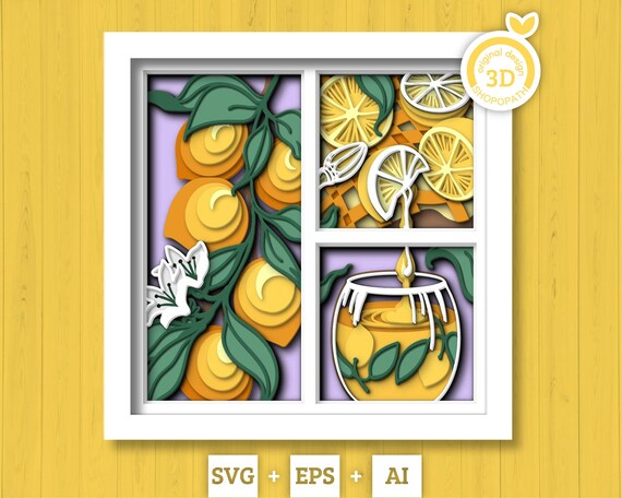 3D Layered Lemons SVG PDF EPS, Lemonade Shadow Box, Summer 3D Svg, Flowers 3d svg, Flowers Layered Papercut svg, Cricut Silhouette