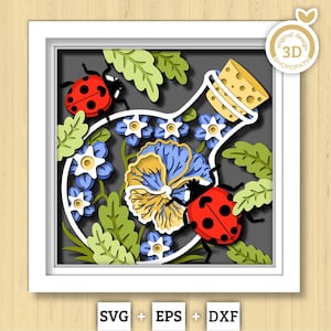 Caja de sombras 3D SVG de mariquitas en botella, SVG 3D de pensamientos en capas, Caja de sombras de verano, SVG 3D de mariquita, SVG 3D de flores, Silueta de Cricut