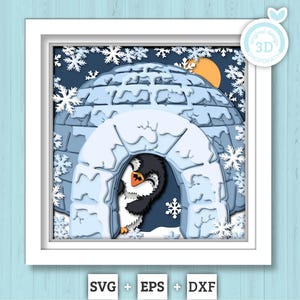 Penguin in Igloo - 3D Shadow Box Layered SVG DXF EPS (Cutting Files)